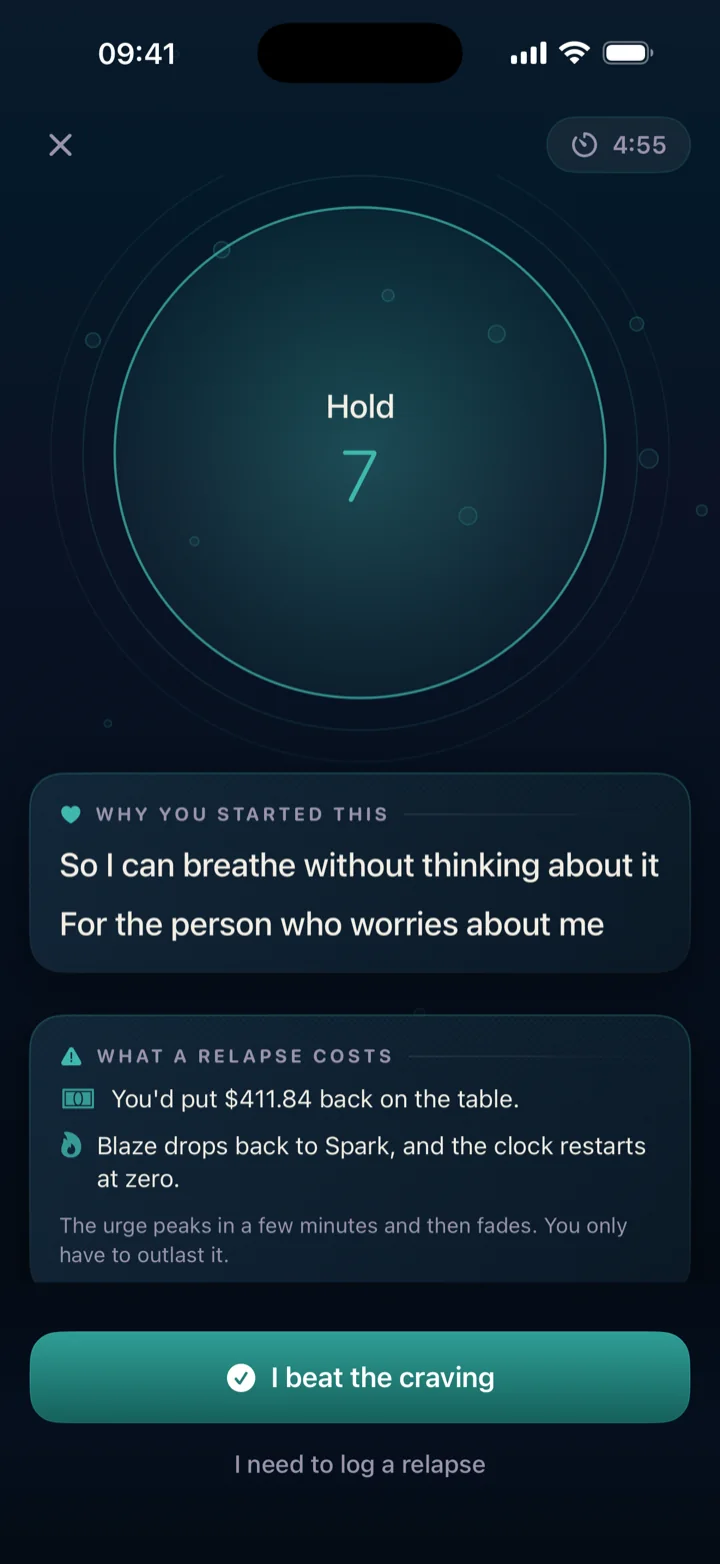 QuitSpark SOS screen, with the breathing circle in blue and the reasons you wrote