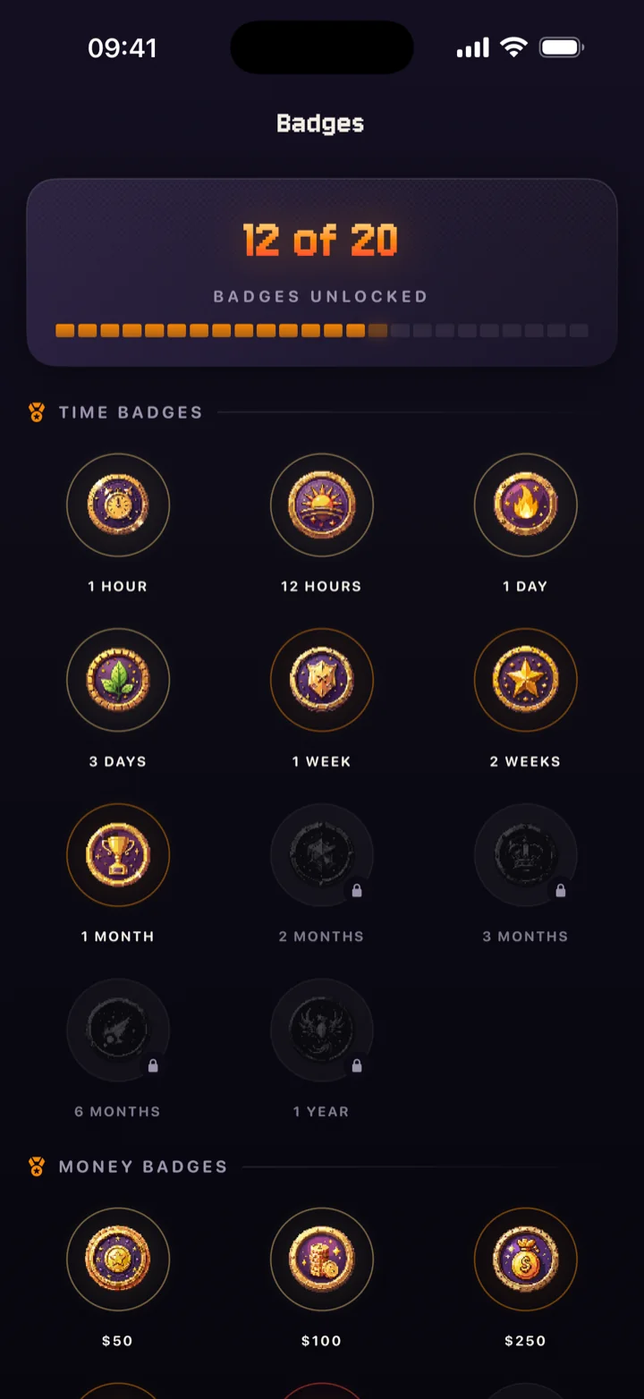 QuitSpark badge gallery with 12 of 20 unlocked