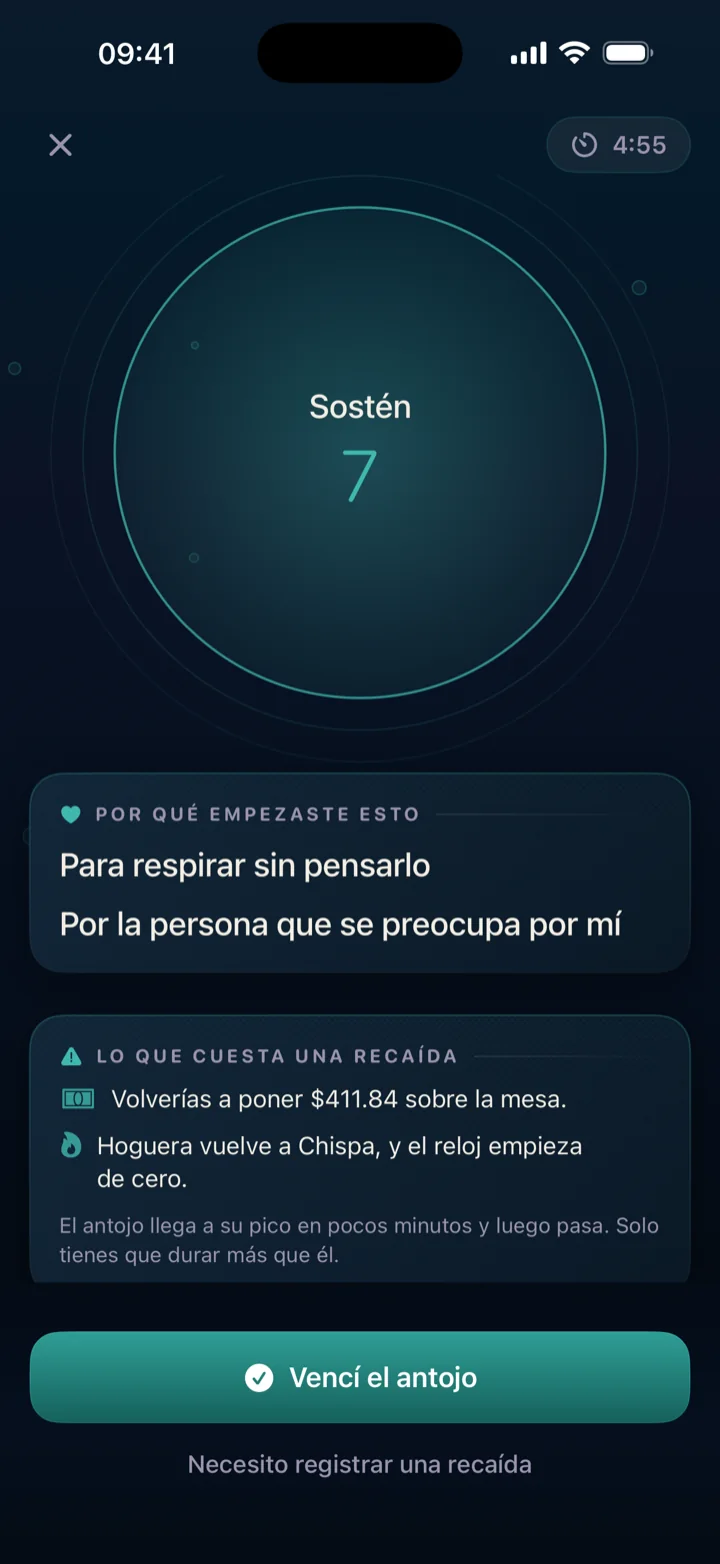 Pantalla de SOS de QuitSpark, con el círculo de respiración en azul y tus razones escritas