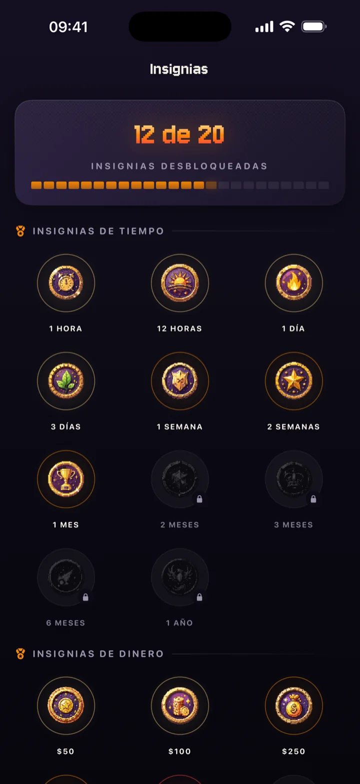 Galería de insignias de QuitSpark, con 12 de 20 desbloqueadas