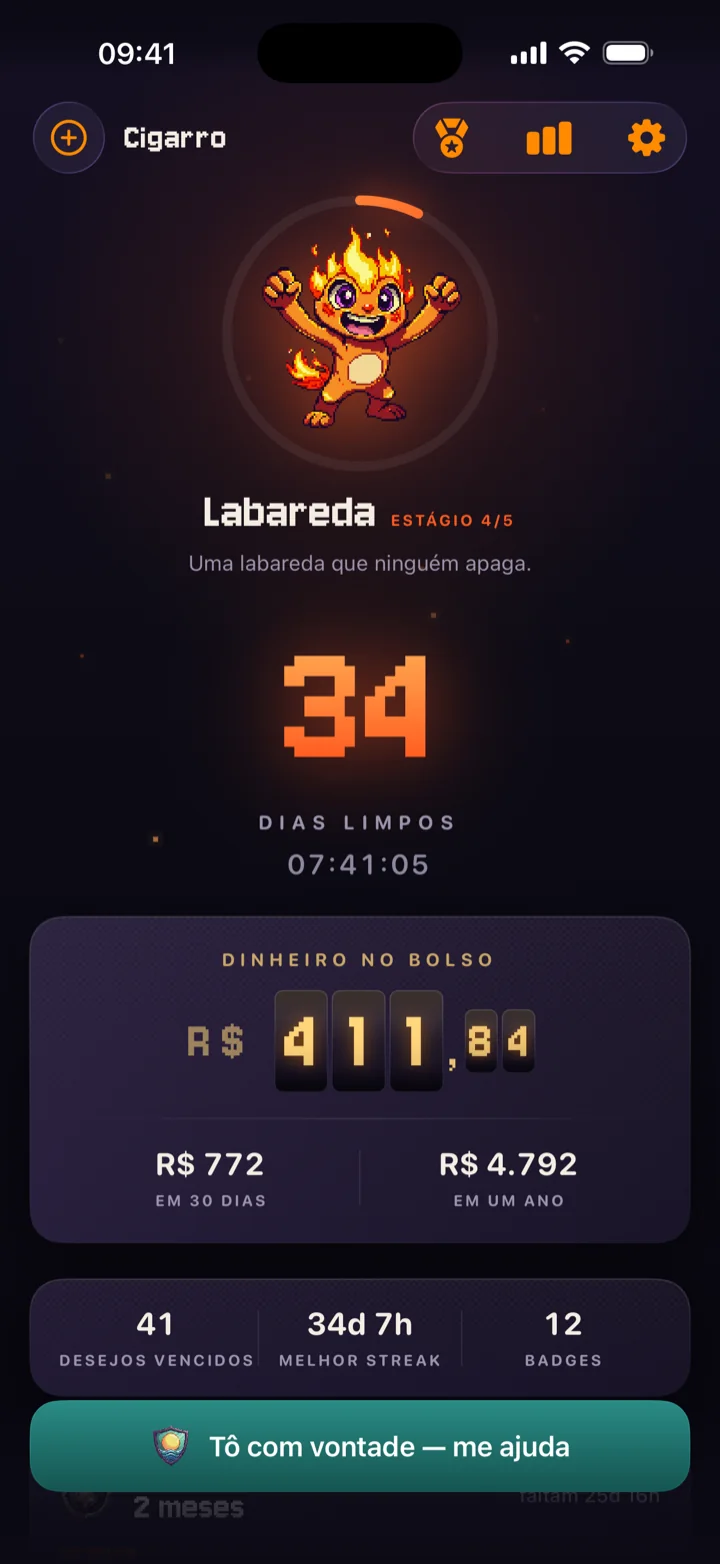 Tela principal do QuitSpark: o Ember no estágio Labareda, 34 dias limpos e o odômetro marcando R$ 411,84