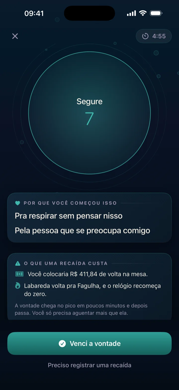 Tela de SOS do QuitSpark, com o círculo de respiração em azul e os motivos do usuário