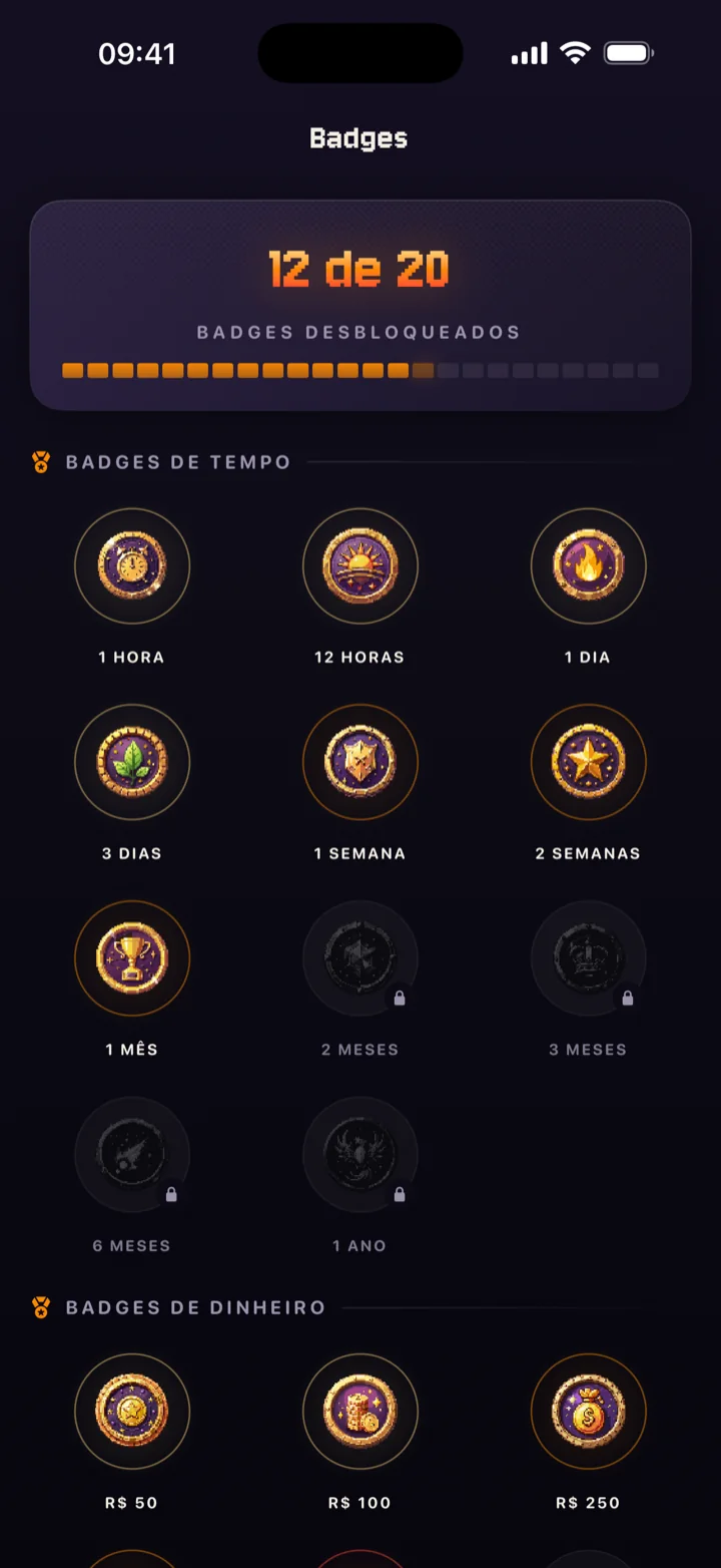 Galeria de medalhas do QuitSpark, com 12 de 20 desbloqueadas